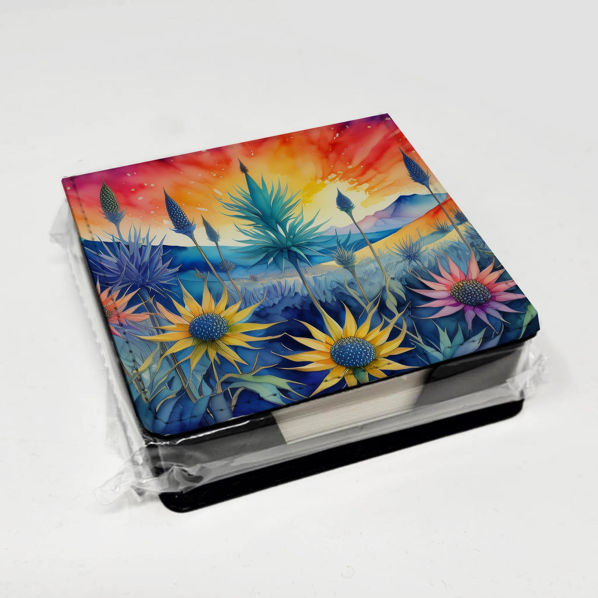 Eryngium in Color PU Leather Note Paper Holder with Artist-Designed Cover, Desk Accessory, Office Gift