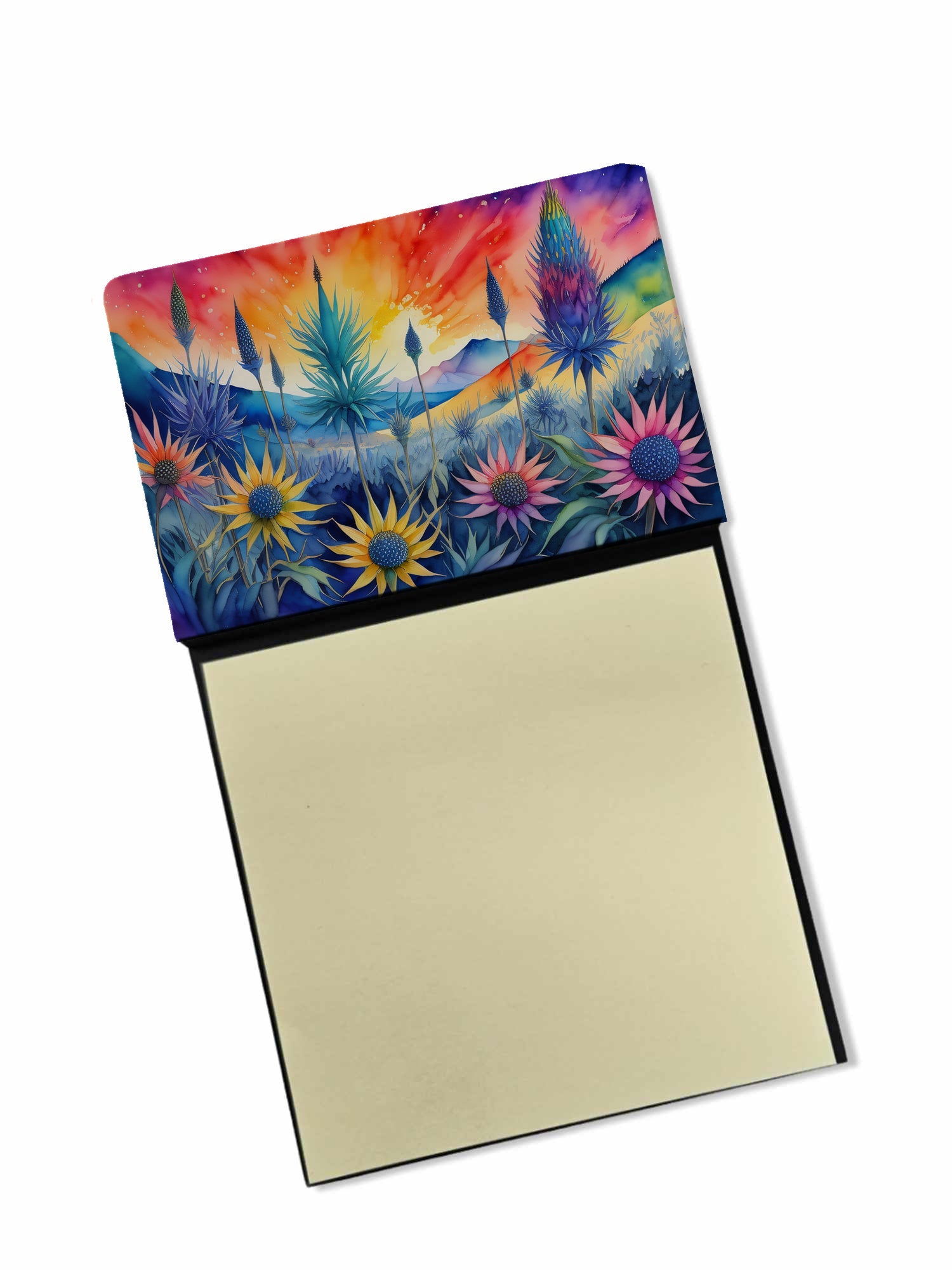 Eryngium in Color Watercolor Sticky Note Holder Refillable Dispenser Desk Accessory 3x3 Pad Gift