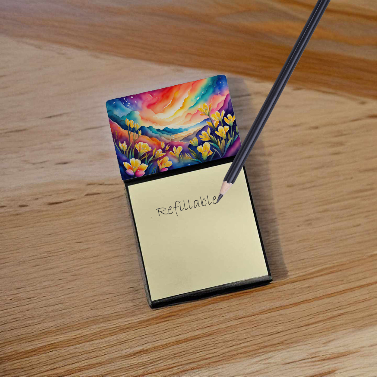 Freesia in Color Watercolor Sticky Note Holder Refillable Dispenser Desk Accessory 3x3 Pad Gift