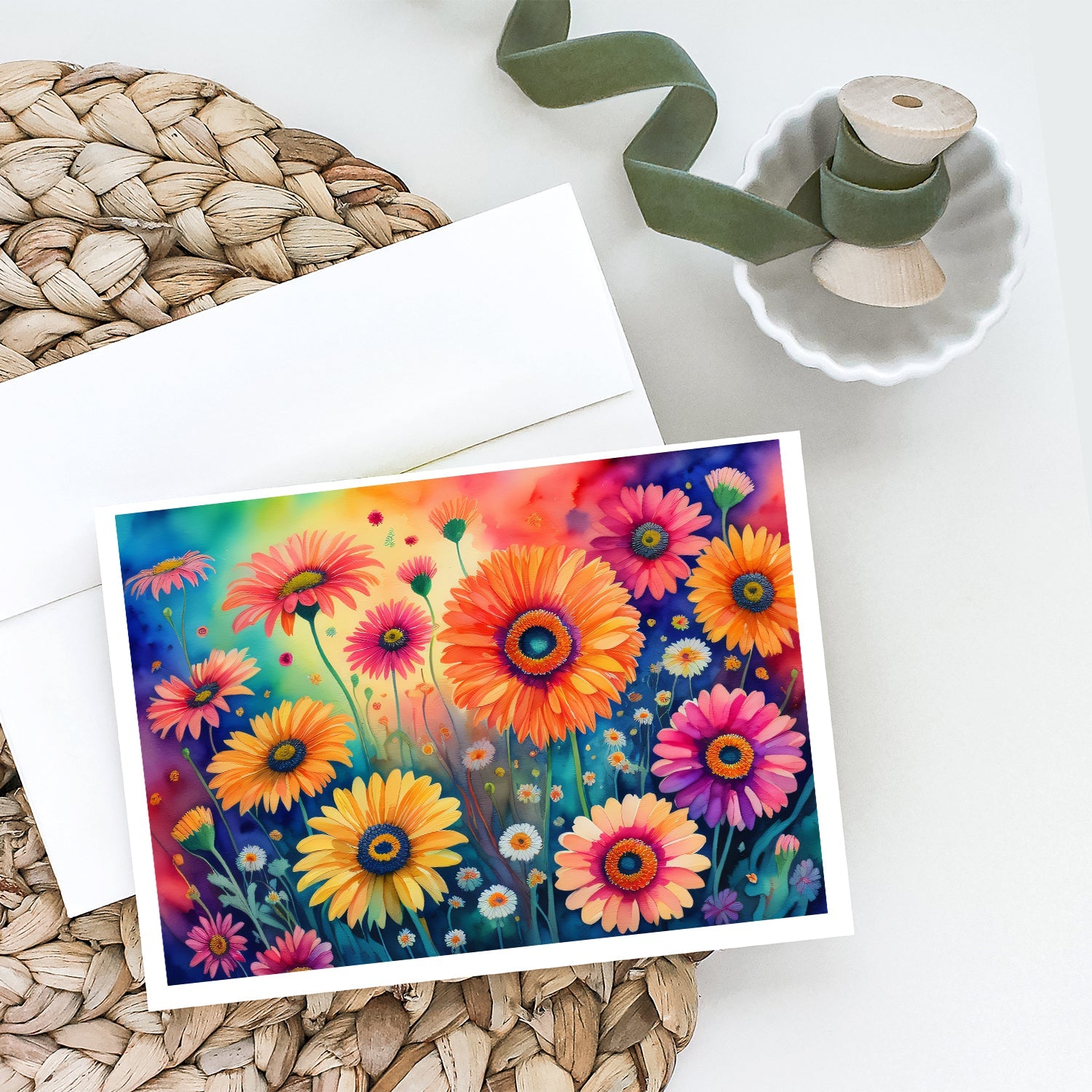 Gerbera Daisies in Color Greeting Cards Pack of 8 Blank Cards with Envelopes Whimsical A7 Size 5x7