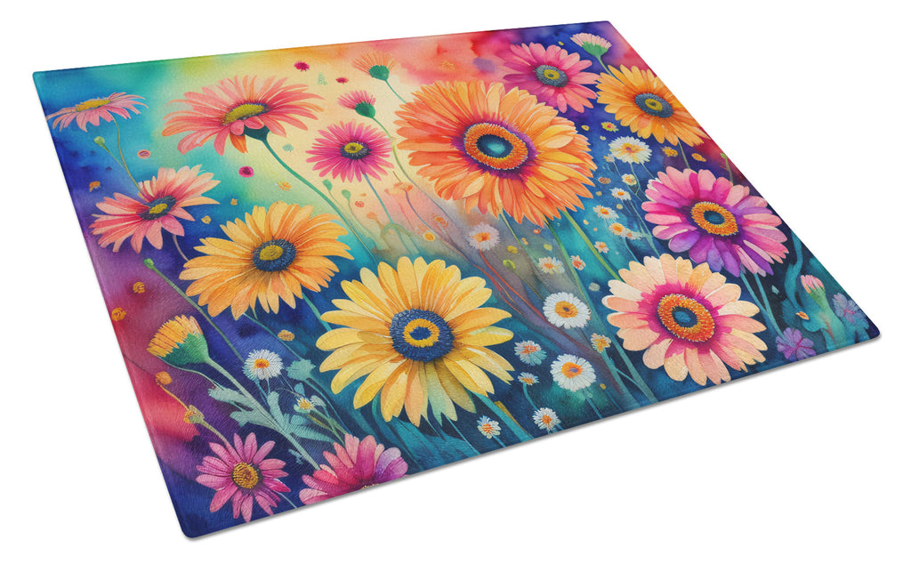 Gerbera Daisies in Color Cutting Board Tempered Glass Kitchen Cutting Surface, Heat Resistant Chopping, Non-Slip Feet, Food Prep & Serving