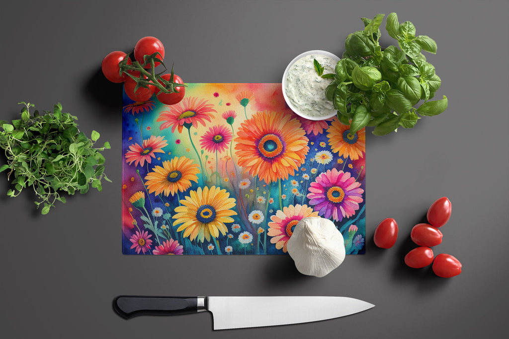 Gerbera Daisies in Color Cutting Board Tempered Glass Kitchen Cutting Surface, Heat Resistant Chopping, Non-Slip Feet, Food Prep & Serving