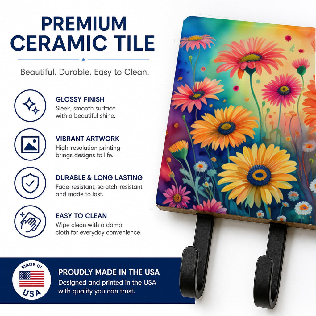 Gerbera Daisies in Color Leash or Key Holder Wall Hooks, Coat Rack Wall Mount, for Hanging Keys, Towels, Aprons, Leashes