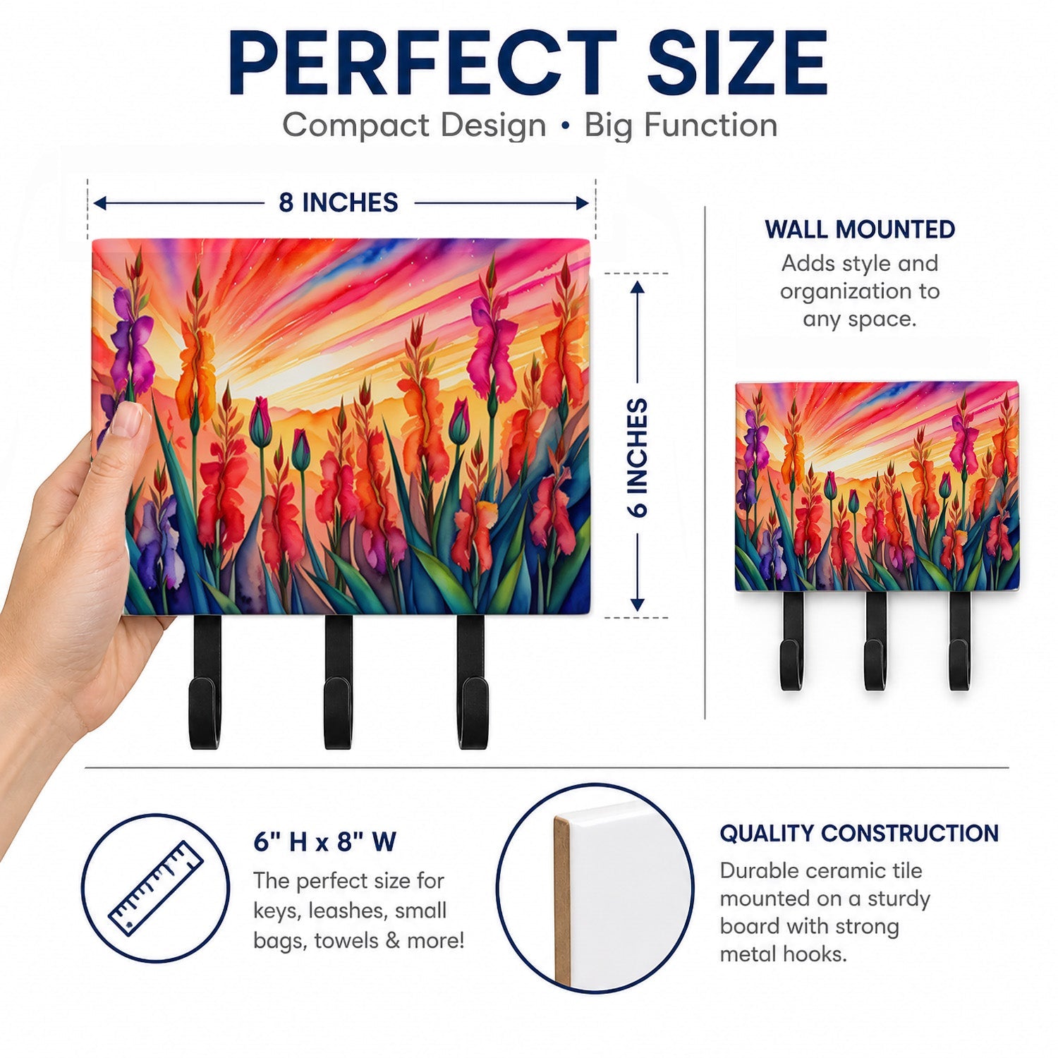 Gladiolus in Color Leash or Key Holder Wall Hooks, Coat Rack Wall Mount, for Hanging Keys, Towels, Aprons, Leashes
