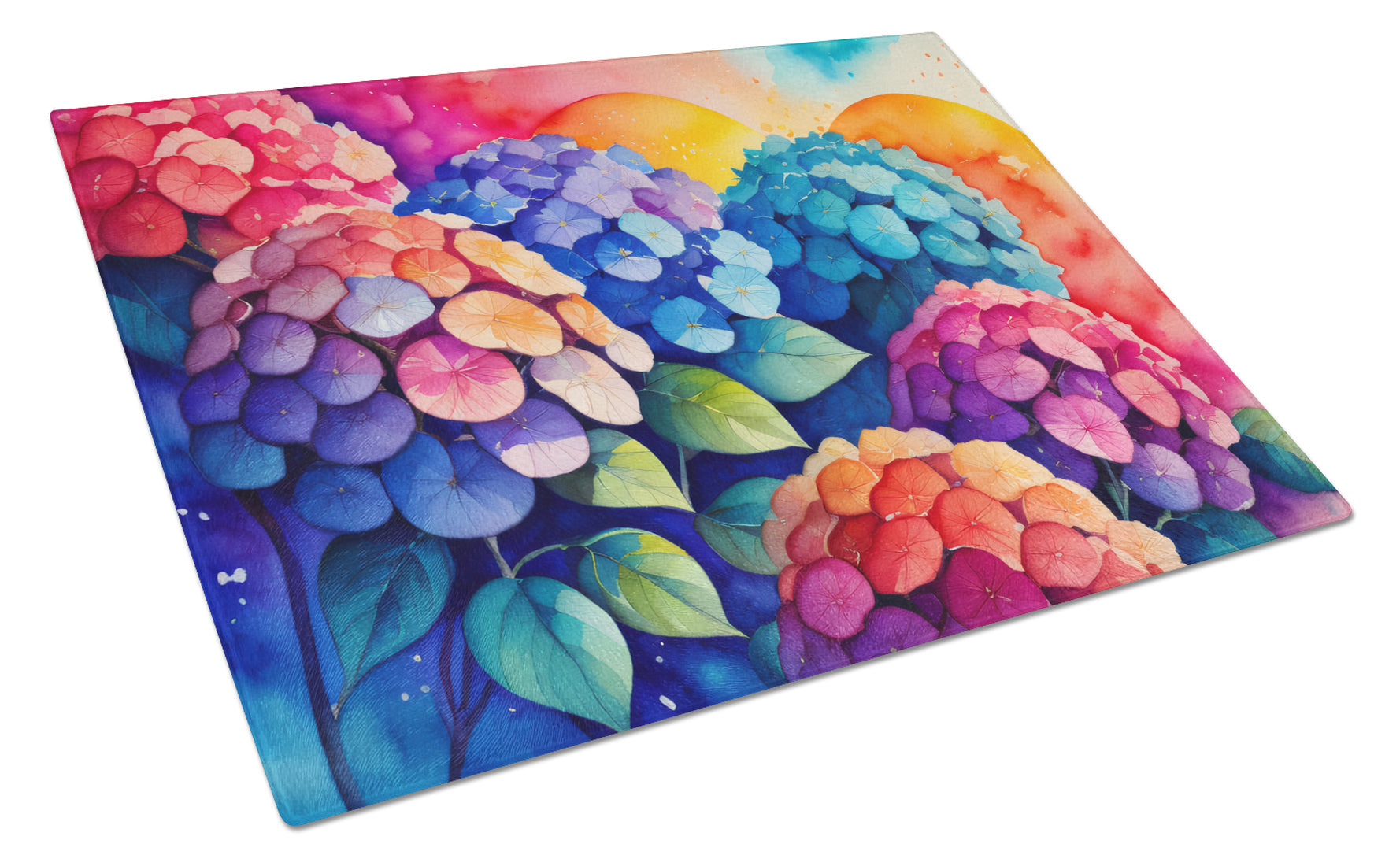 Hydrangeas in Color Cutting Board Tempered Glass Kitchen Cutting Surface, Heat Resistant Chopping, Non-Slip Feet, Food Prep & Serving