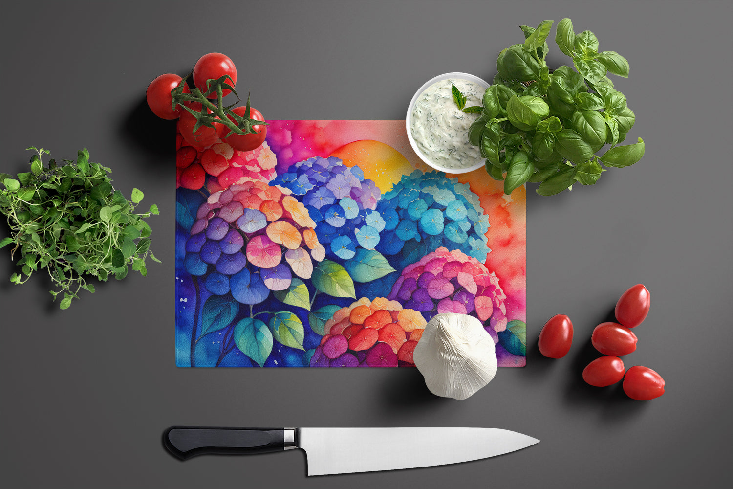 Hydrangeas in Color Cutting Board Tempered Glass Kitchen Cutting Surface, Heat Resistant Chopping, Non-Slip Feet, Food Prep & Serving