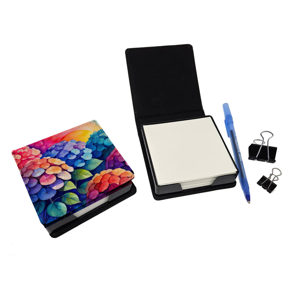 Hydrangeas in Color PU Leather Note Paper Holder with Artist-Designed Cover, Desk Accessory, Office Gift