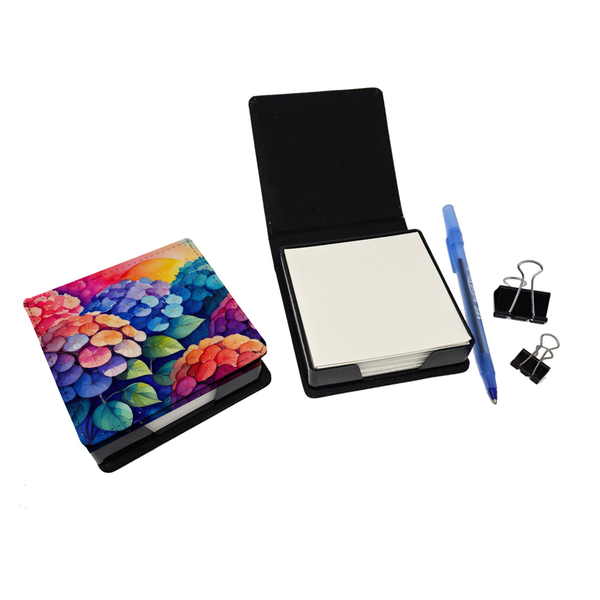 Hydrangeas in Color PU Leather Note Paper Holder with Artist-Designed Cover, Desk Accessory, Office Gift