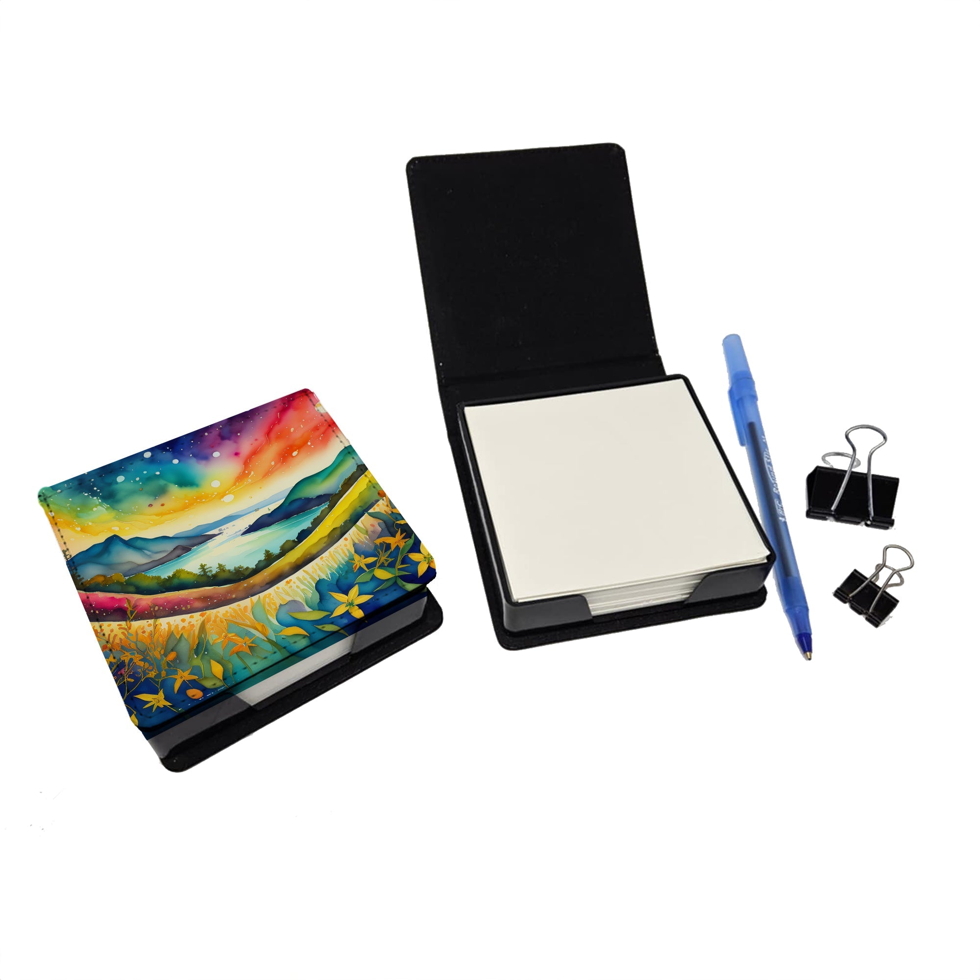 Hypericum or St. John’s Wort in Color PU Leather Note Paper Holder with Artist-Designed Cover, Desk Accessory, Office Gift