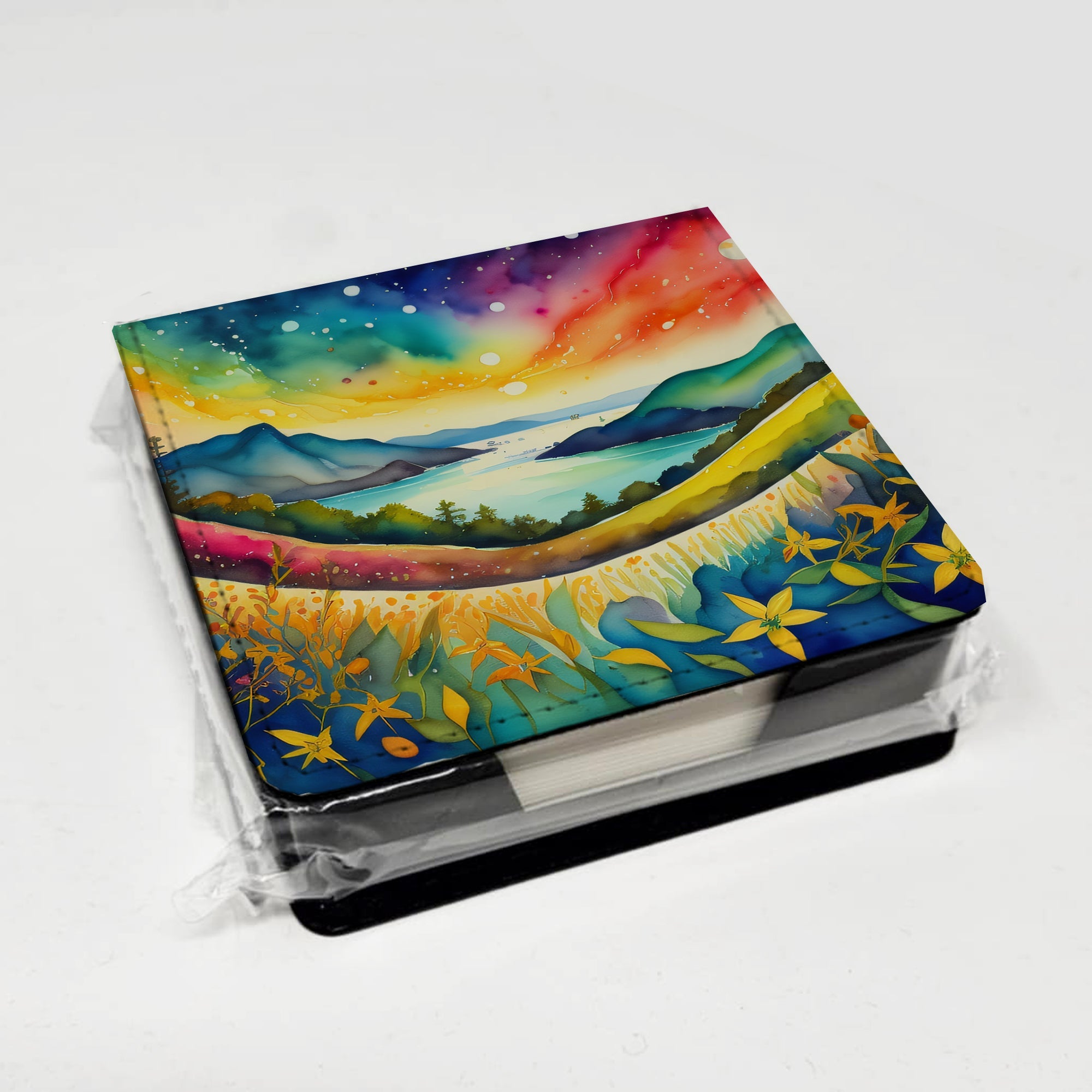Hypericum or St. John’s Wort in Color PU Leather Note Paper Holder with Artist-Designed Cover, Desk Accessory, Office Gift
