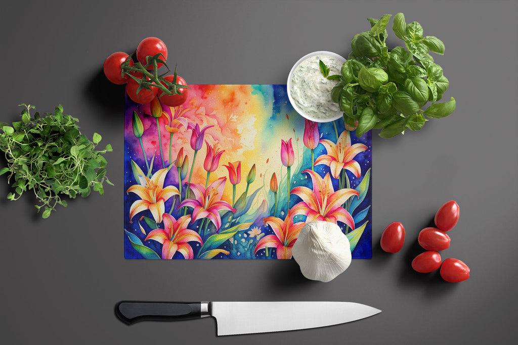 Lilies in Color Cutting Board Tempered Glass Kitchen Cutting Surface, Heat Resistant Chopping, Non-Slip Feet, Food Prep & Serving
