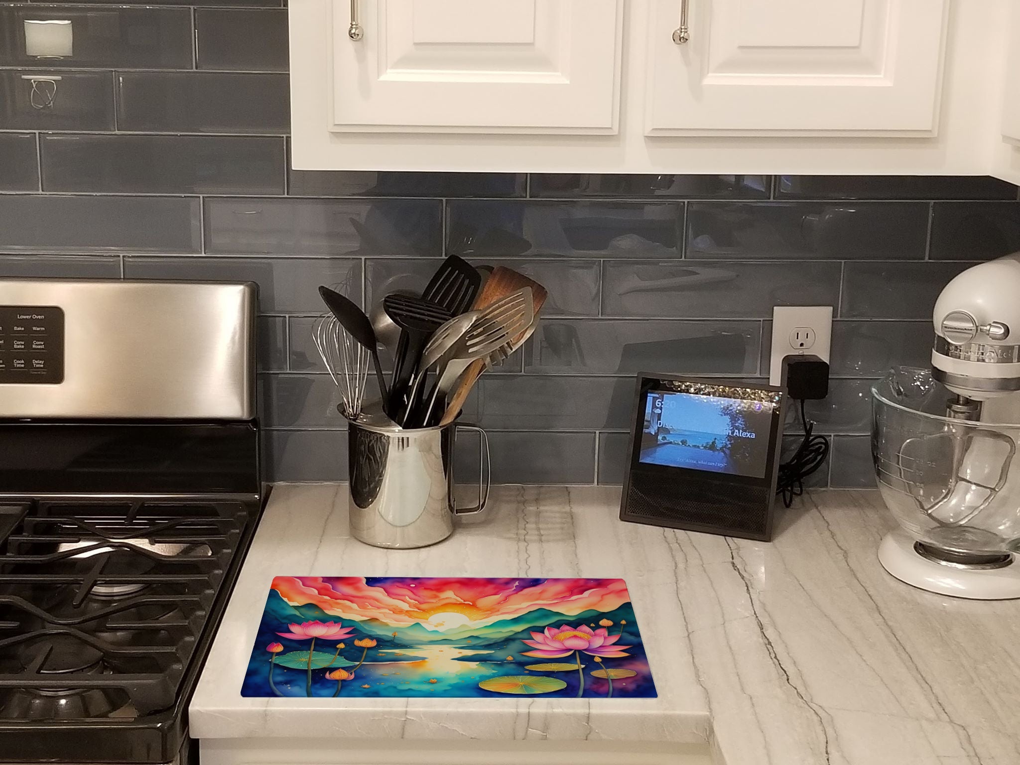 Lotus in Color Cutting Board Tempered Glass Kitchen Cutting Surface, Heat Resistant Chopping, Non-Slip Feet, Food Prep & Serving
