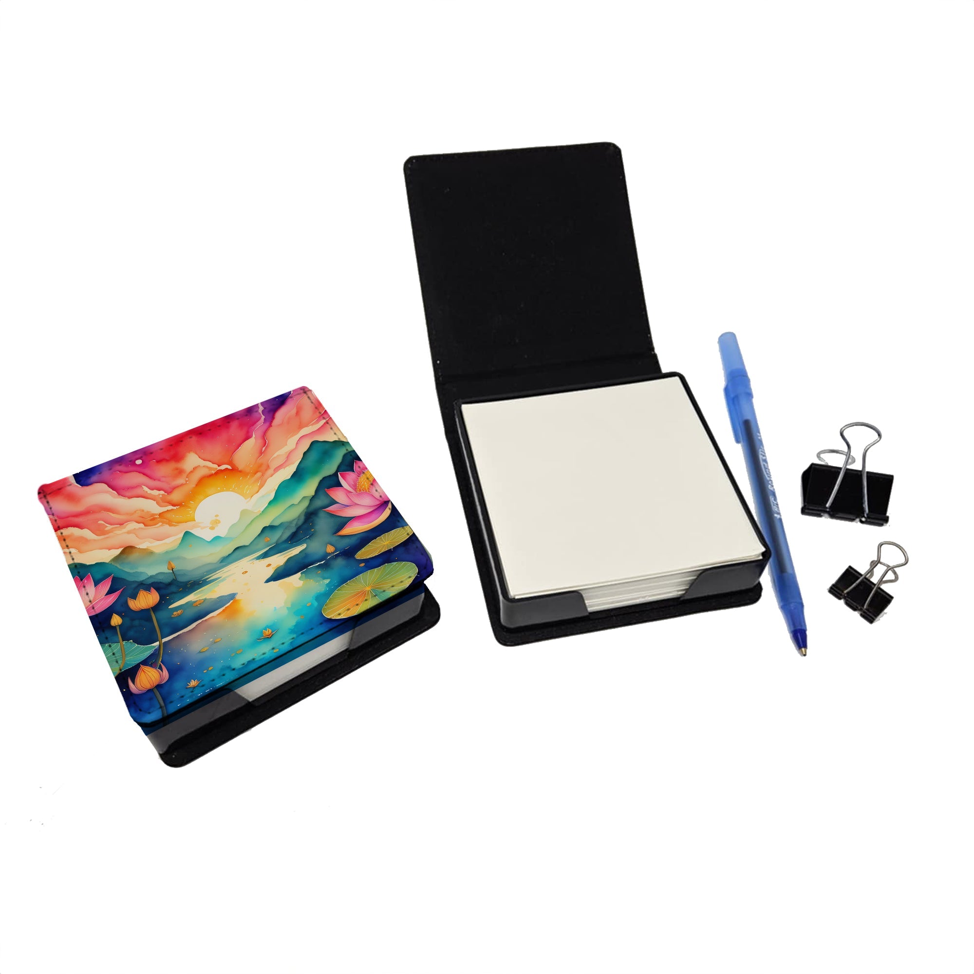 Lotus in Color PU Leather Note Paper Holder with Artist-Designed Cover, Desk Accessory, Office Gift