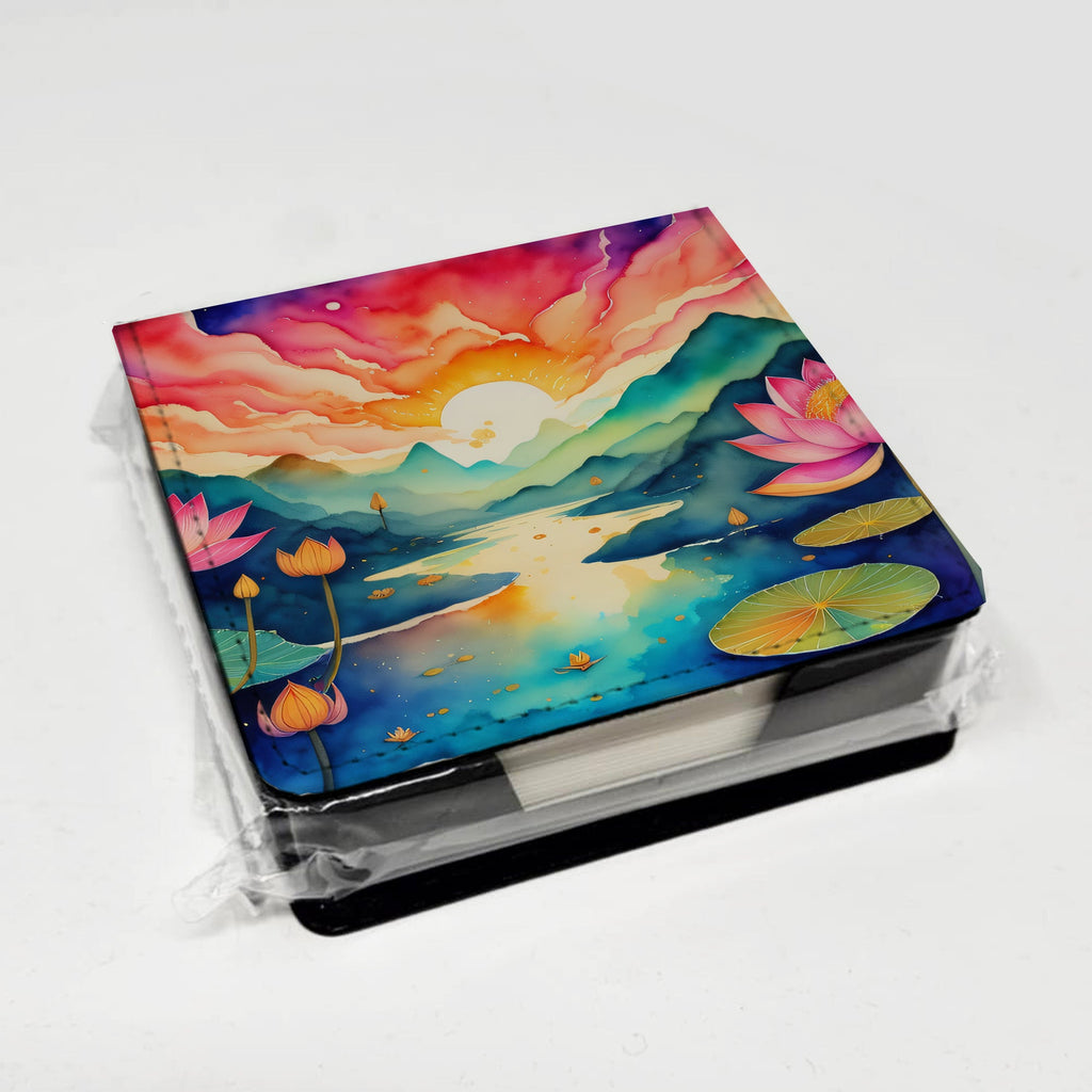 Lotus in Color PU Leather Note Paper Holder with Artist-Designed Cover, Desk Accessory, Office Gift