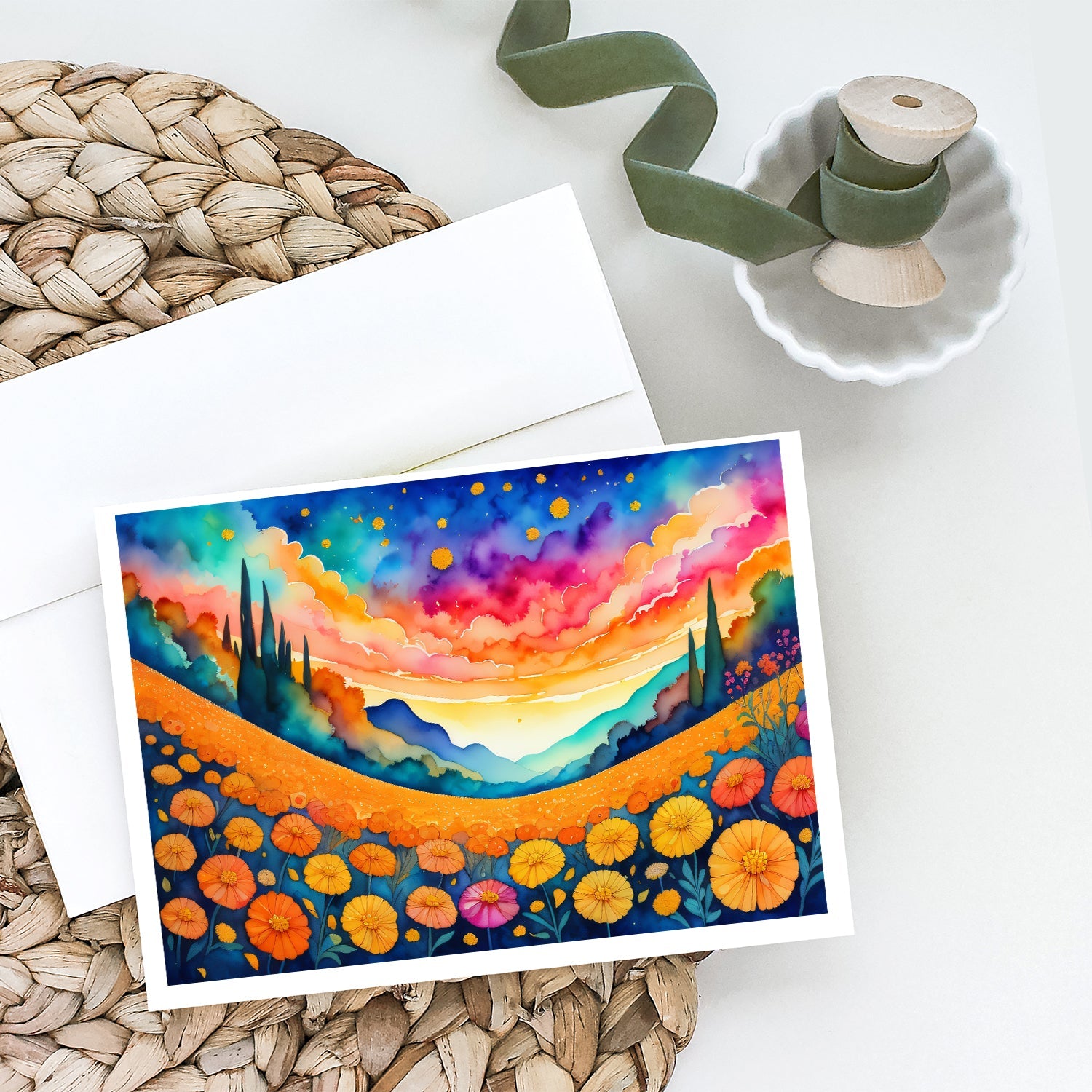 Marigolds in Color Greeting Cards Pack of 8 Blank Cards with Envelopes Whimsical A7 Size 5x7