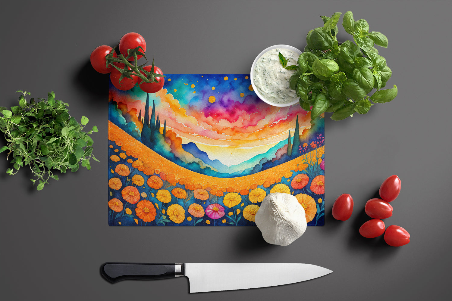Marigolds in Color Cutting Board Tempered Glass Kitchen Cutting Surface, Heat Resistant Chopping, Non-Slip Feet, Food Prep & Serving