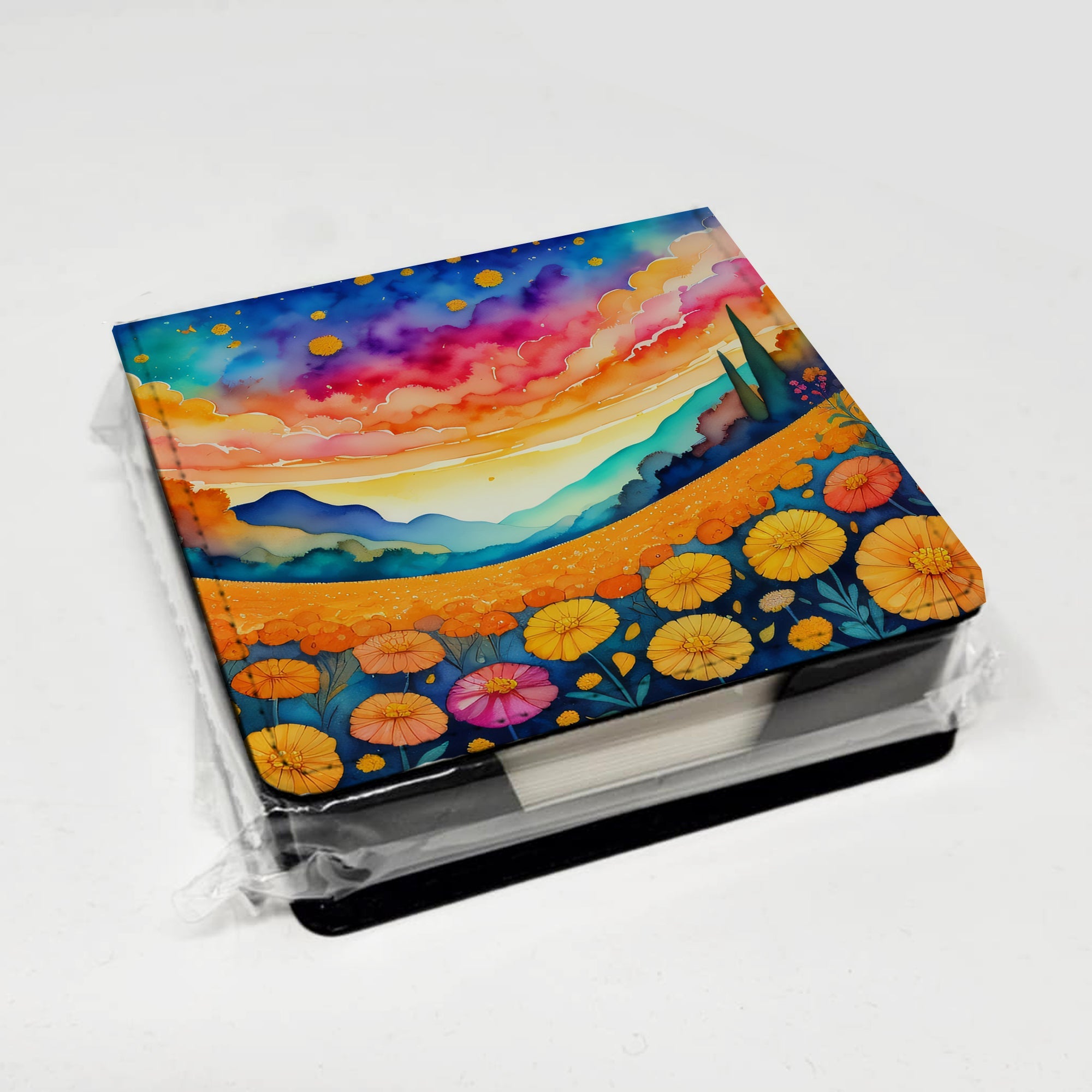 Marigolds in Color PU Leather Note Paper Holder with Artist-Designed Cover, Desk Accessory, Office Gift