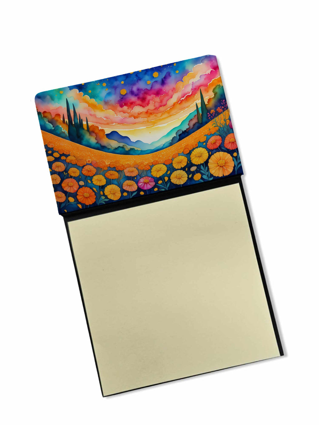 Marigolds in Color Watercolor Sticky Note Holder Refillable Dispenser Desk Accessory 3x3 Pad Gift