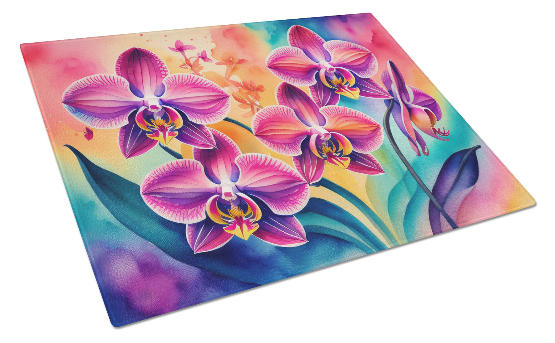 Orchids in Color Cutting Board Tempered Glass Kitchen Cutting Surface, Heat Resistant Chopping, Non-Slip Feet, Food Prep & Serving