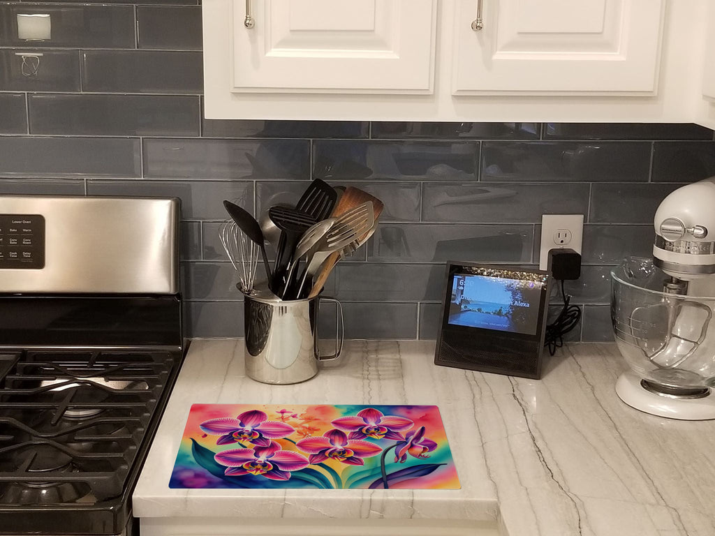 Orchids in Color Cutting Board Tempered Glass Kitchen Cutting Surface, Heat Resistant Chopping, Non-Slip Feet, Food Prep & Serving