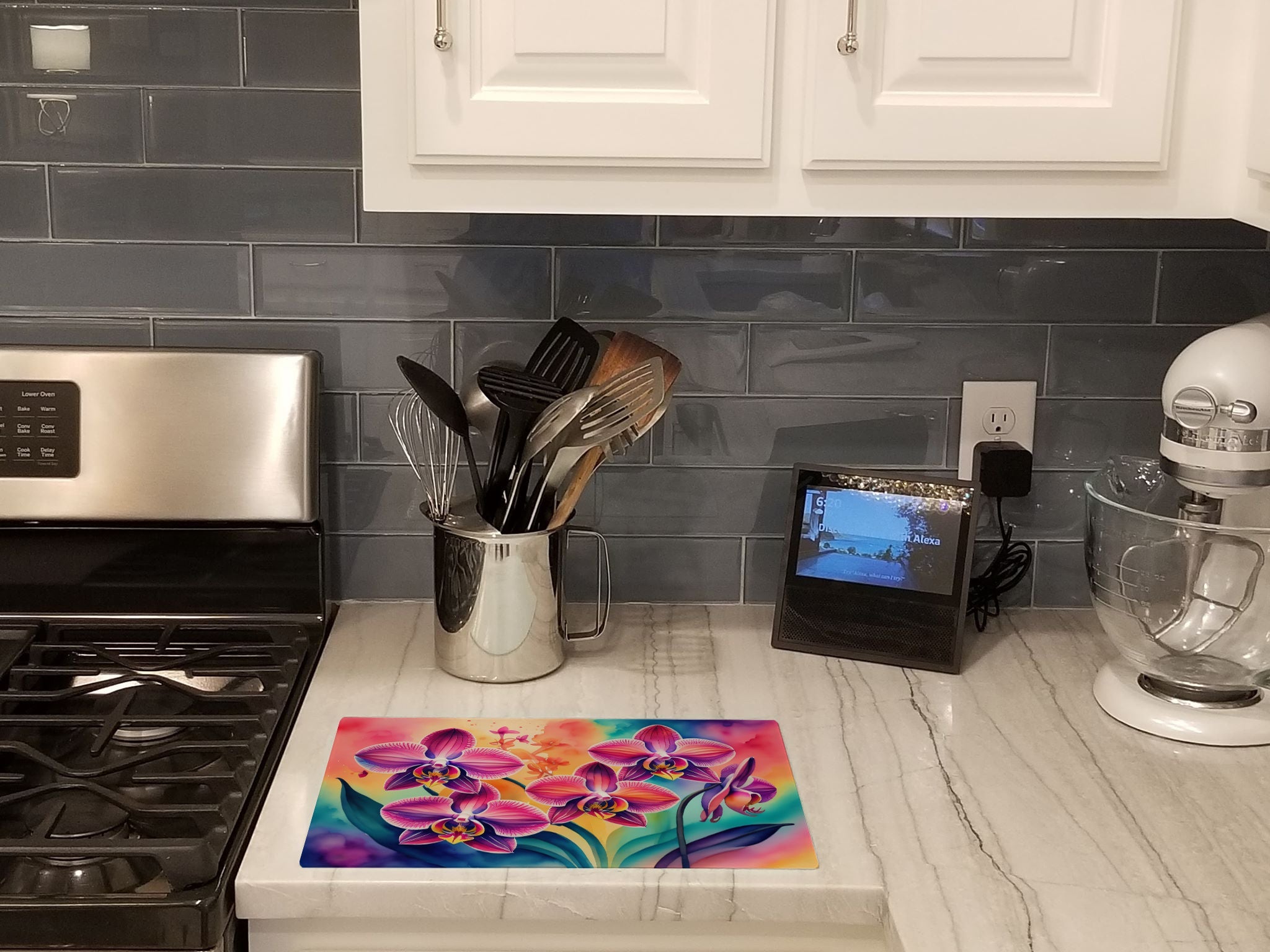 Orchids in Color Cutting Board Tempered Glass Kitchen Cutting Surface, Heat Resistant Chopping, Non-Slip Feet, Food Prep & Serving