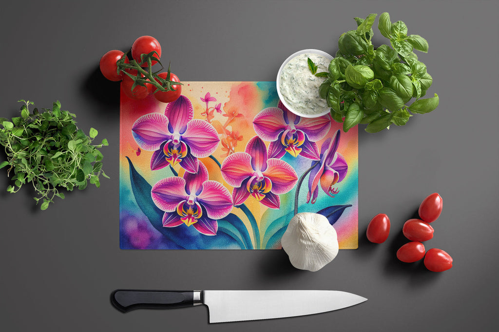 Orchids in Color Cutting Board Tempered Glass Kitchen Cutting Surface, Heat Resistant Chopping, Non-Slip Feet, Food Prep & Serving