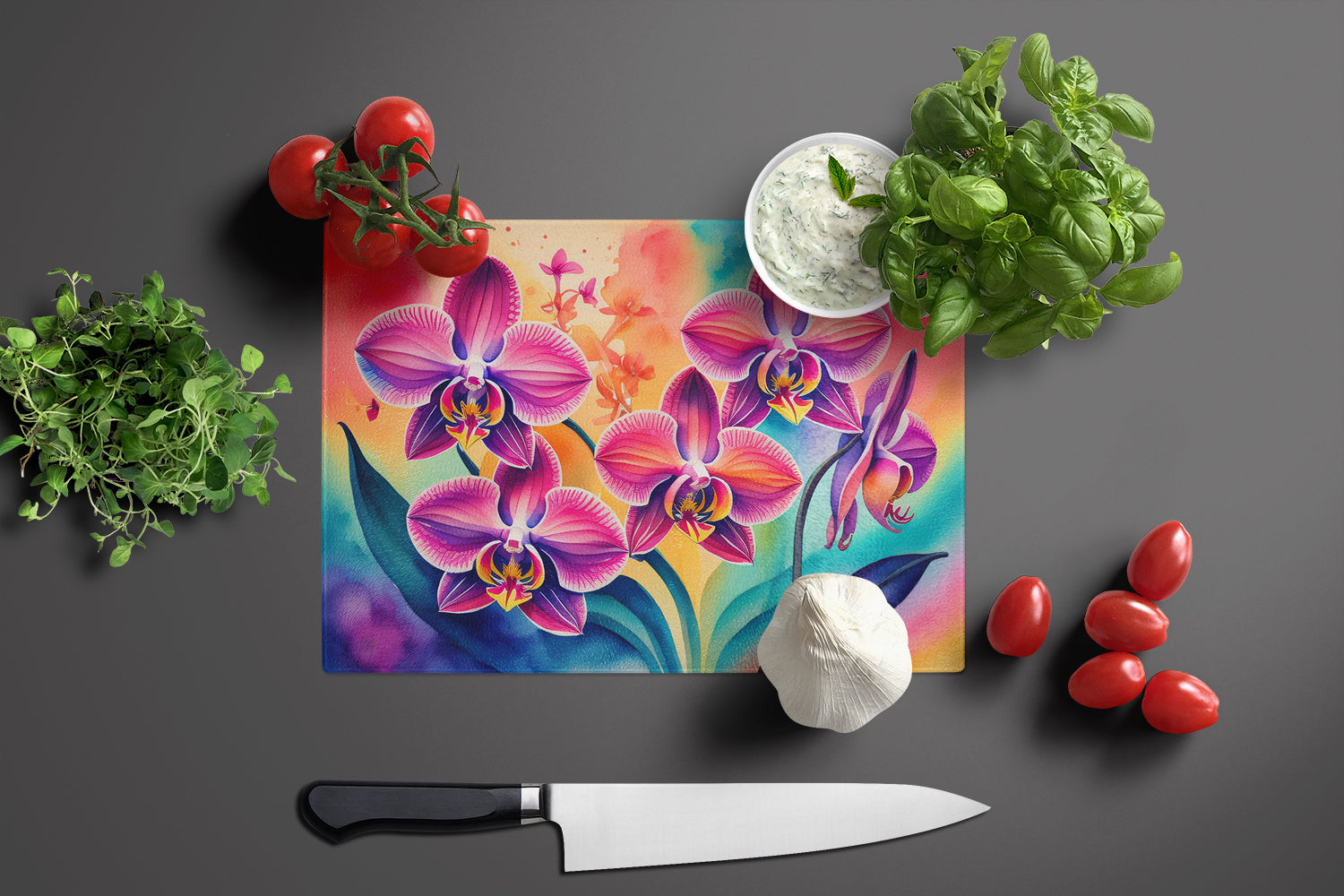 Orchids in Color Cutting Board Tempered Glass Kitchen Cutting Surface, Heat Resistant Chopping, Non-Slip Feet, Food Prep & Serving