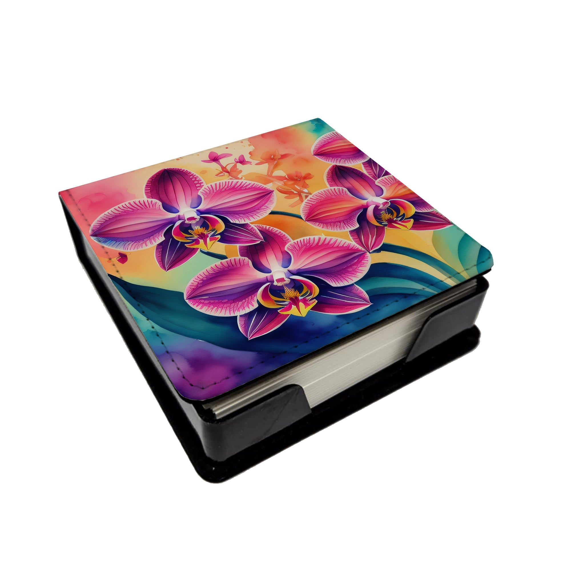Orchids in Color PU Leather Note Paper Holder with Artist-Designed Cover, Desk Accessory, Office Gift