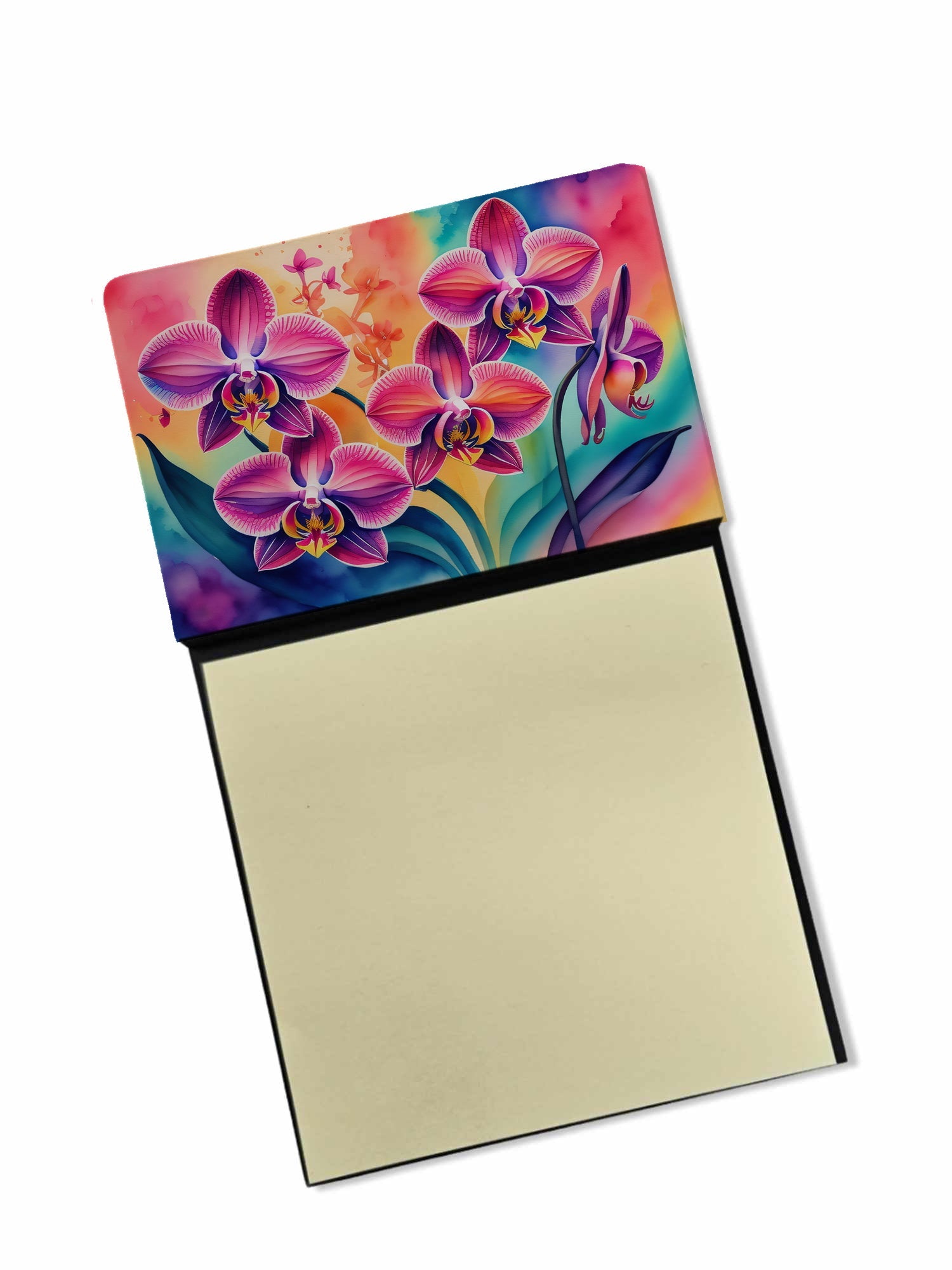 Orchids in Color Watercolor Sticky Note Holder Refillable Dispenser Desk Accessory 3x3 Pad Gift