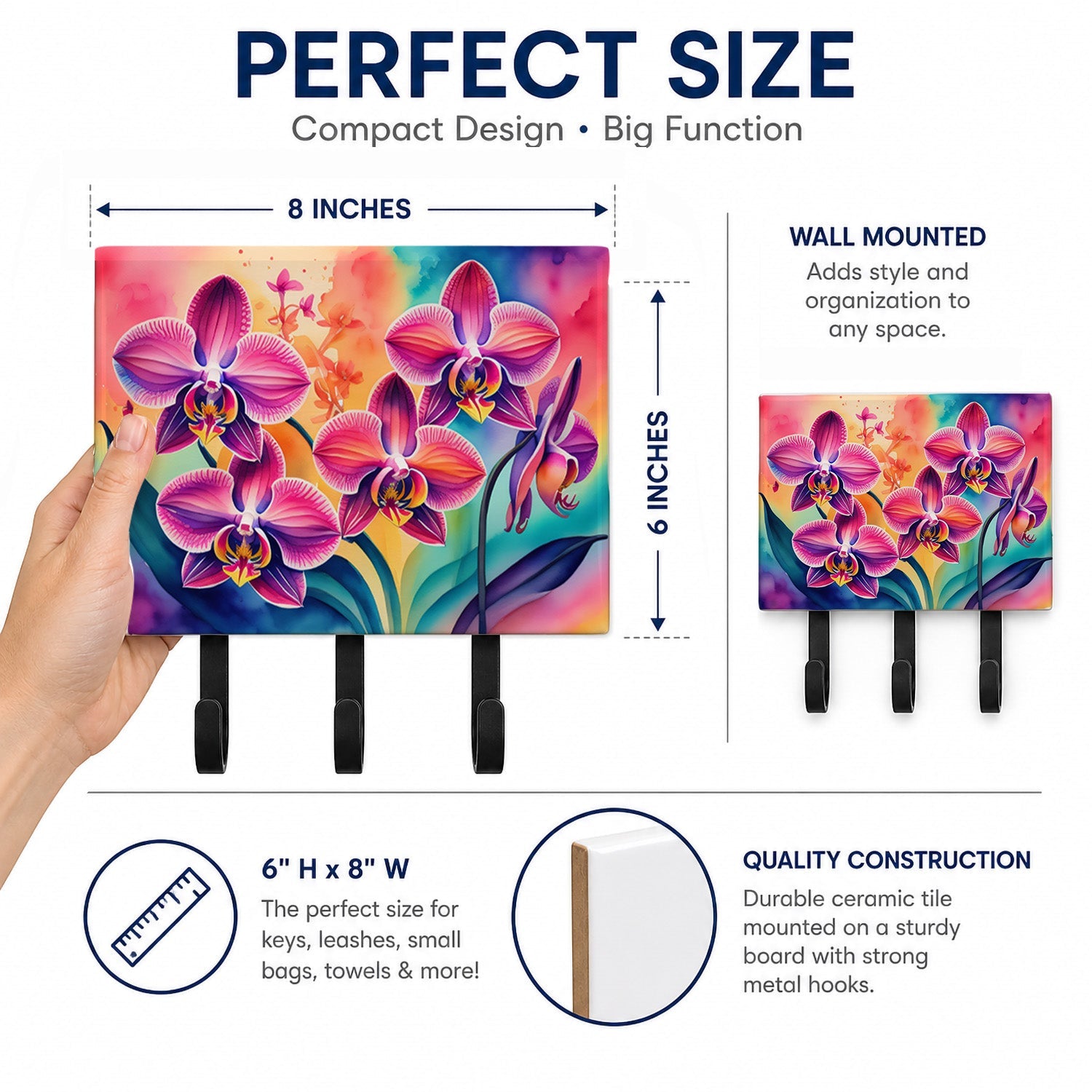 Orchids in Color Leash or Key Holder Wall Hooks, Coat Rack Wall Mount, for Hanging Keys, Towels, Aprons, Leashes