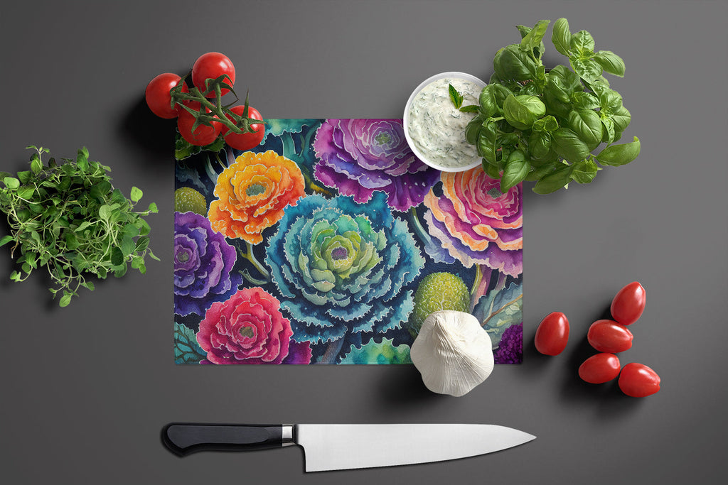 Ornamental Kale in Color Cutting Board Tempered Glass Kitchen Cutting Surface, Heat Resistant Chopping, Non-Slip Feet, Food Prep & Serving