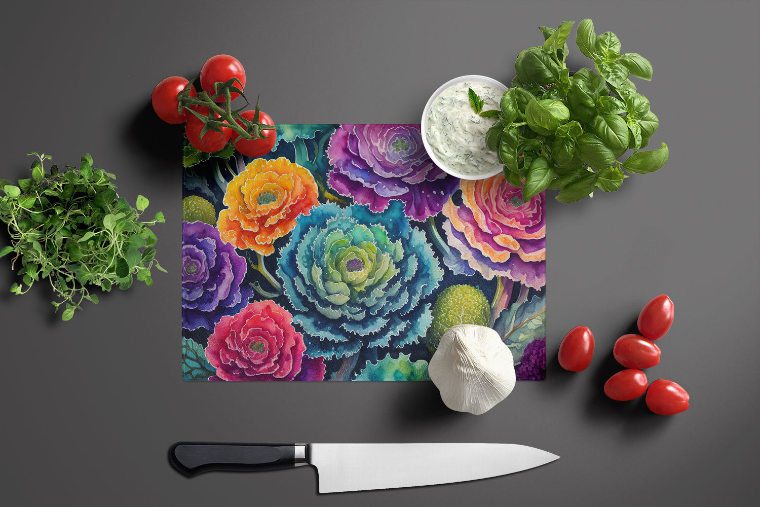Ornamental Kale in Color Cutting Board Tempered Glass Kitchen Cutting Surface, Heat Resistant Chopping, Non-Slip Feet, Food Prep & Serving