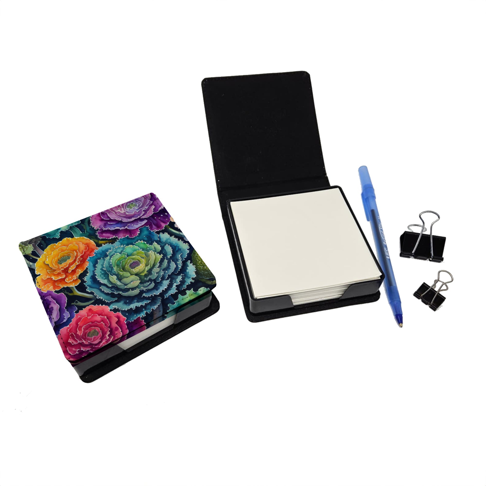 Ornamental Kale in Color PU Leather Note Paper Holder with Artist-Designed Cover, Desk Accessory, Office Gift