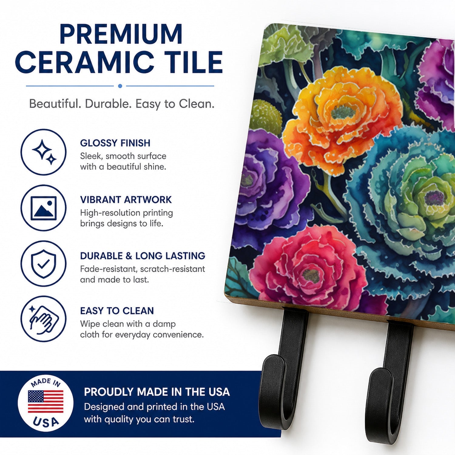 Ornamental Kale in Color Leash or Key Holder Wall Hooks, Coat Rack Wall Mount, for Hanging Keys, Towels, Aprons, Leashes