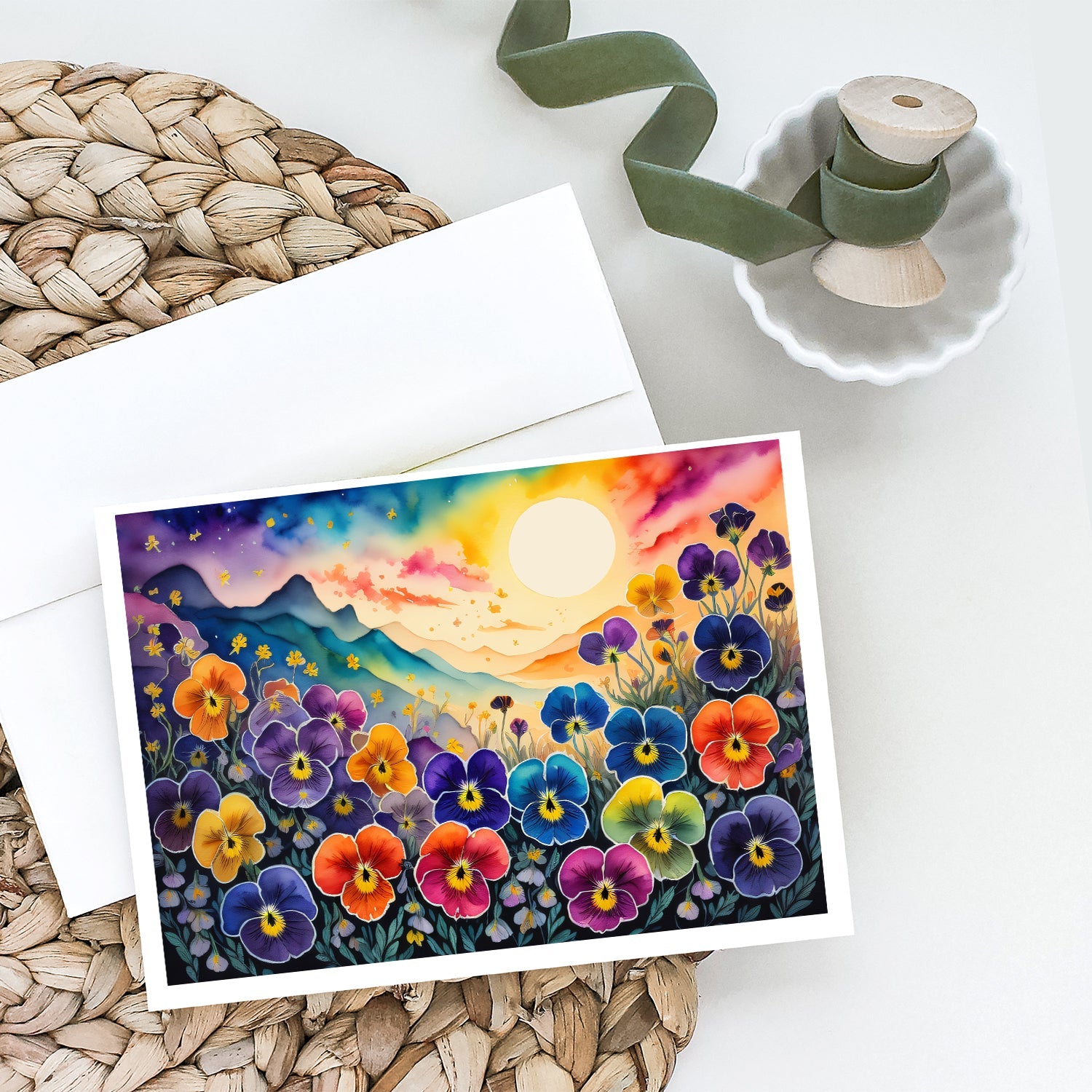 Pansies in Color Greeting Cards Pack of 8 Blank Cards with Envelopes Whimsical A7 Size 5x7