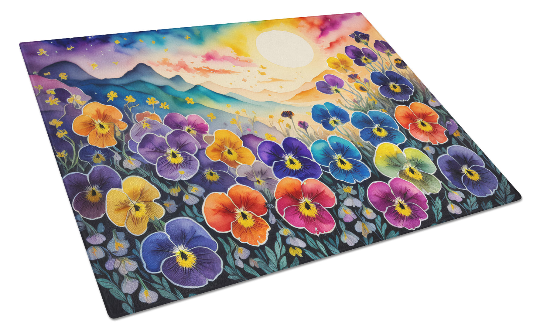 Pansies in Color Cutting Board Tempered Glass Kitchen Cutting Surface, Heat Resistant Chopping, Non-Slip Feet, Food Prep & Serving