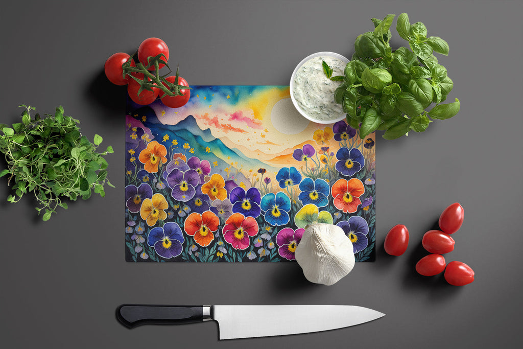 Pansies in Color Cutting Board Tempered Glass Kitchen Cutting Surface, Heat Resistant Chopping, Non-Slip Feet, Food Prep & Serving