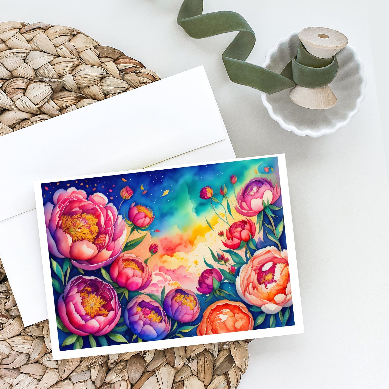 Peonies in Color Greeting Cards Pack of 8 Blank Cards with Envelopes Whimsical A7 Size 5x7