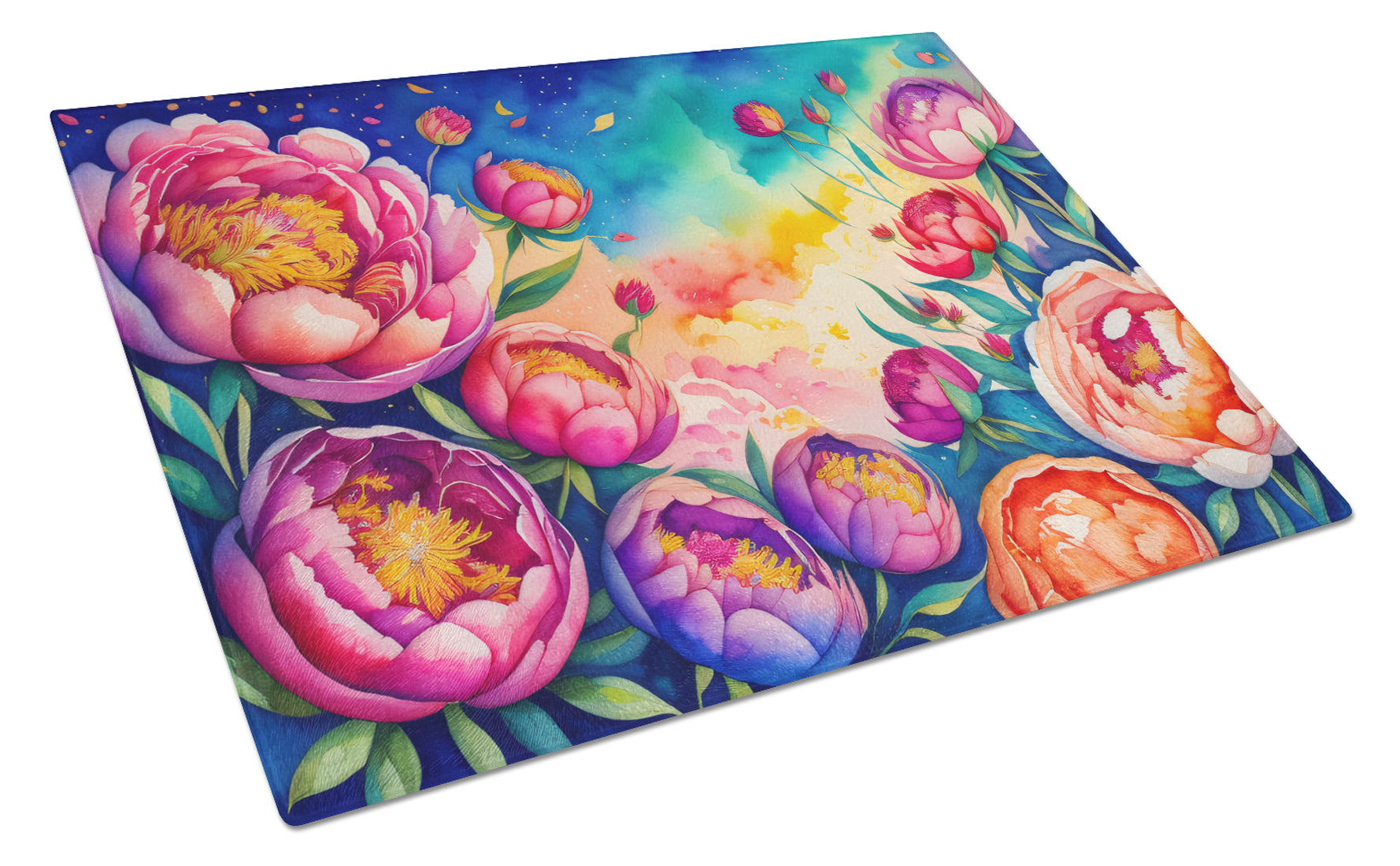 Peonies in Color Cutting Board Tempered Glass Kitchen Cutting Surface, Heat Resistant Chopping, Non-Slip Feet, Food Prep & Serving