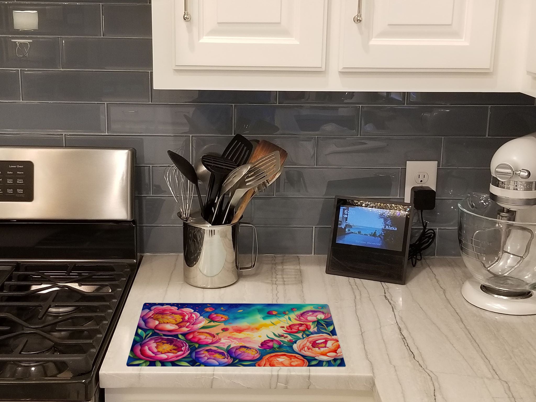 Peonies in Color Cutting Board Tempered Glass Kitchen Cutting Surface, Heat Resistant Chopping, Non-Slip Feet, Food Prep & Serving