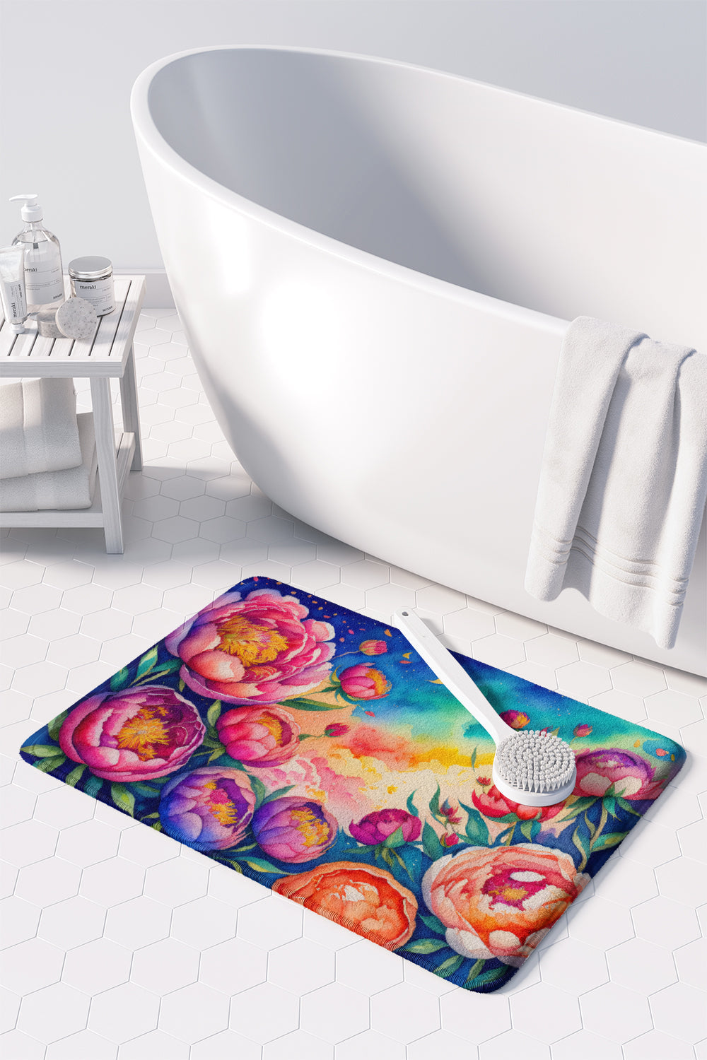 Peonies in Color Memory Foam Kitchen Mat Machine Washable Anti-Fatigue Cushion Comfort Bath or Kitchen Rug