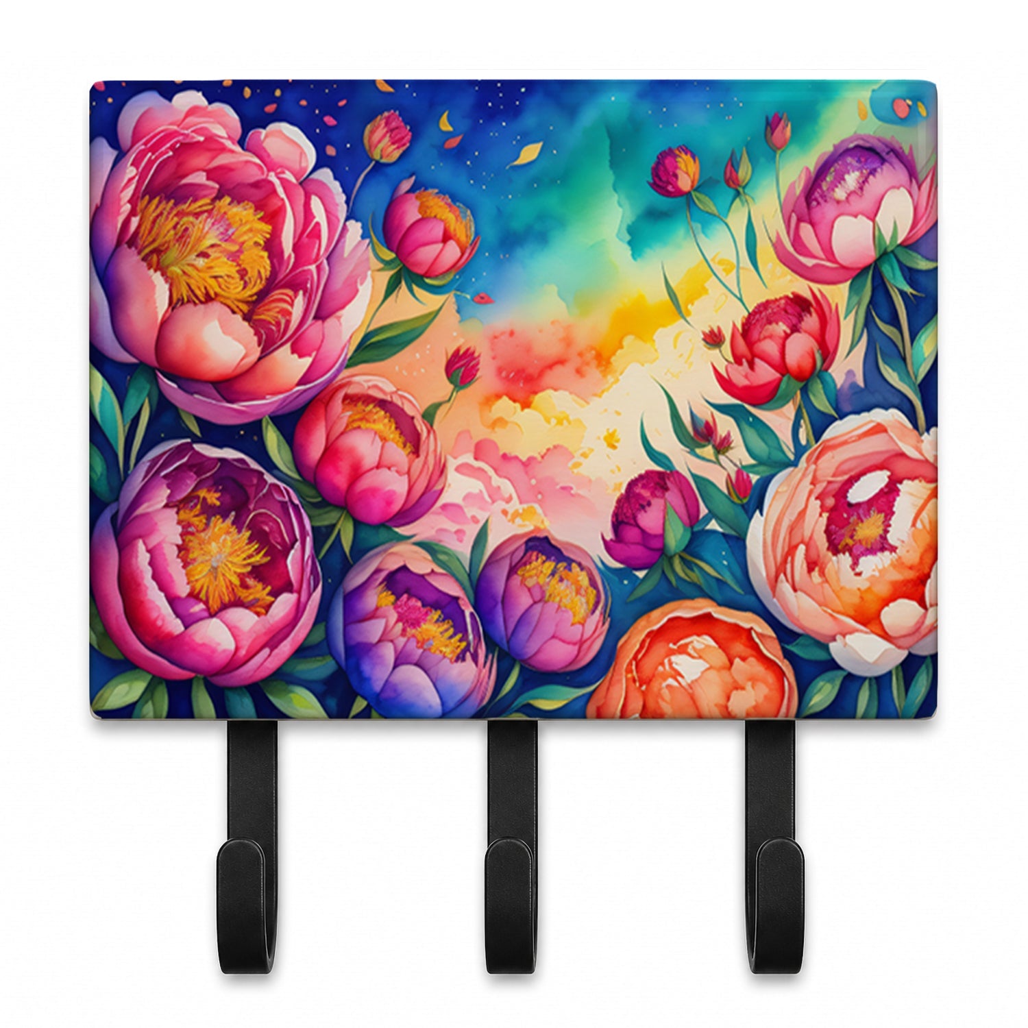 Peonies in Color Leash or Key Holder Wall Hooks, Coat Rack Wall Mount, for Hanging Keys, Towels, Aprons, Leashes