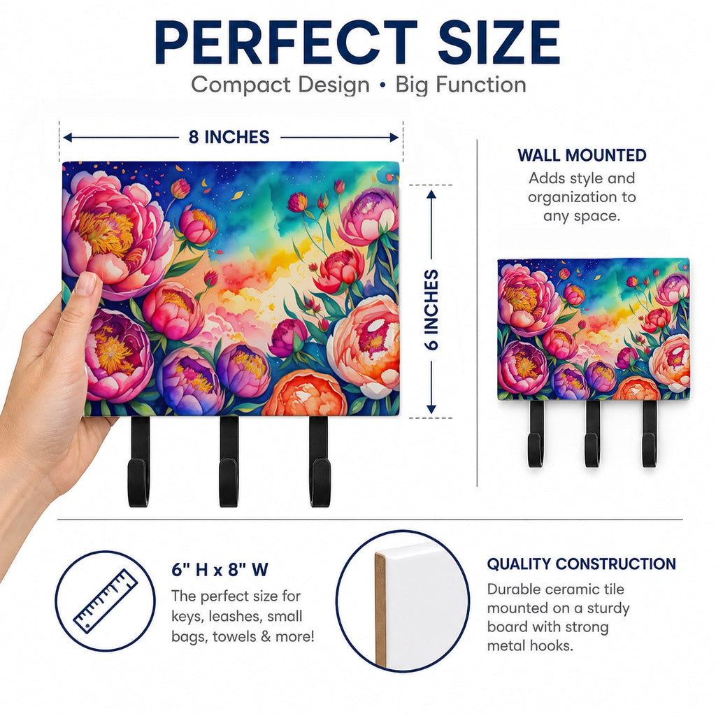 Peonies in Color Leash or Key Holder Wall Hooks, Coat Rack Wall Mount, for Hanging Keys, Towels, Aprons, Leashes