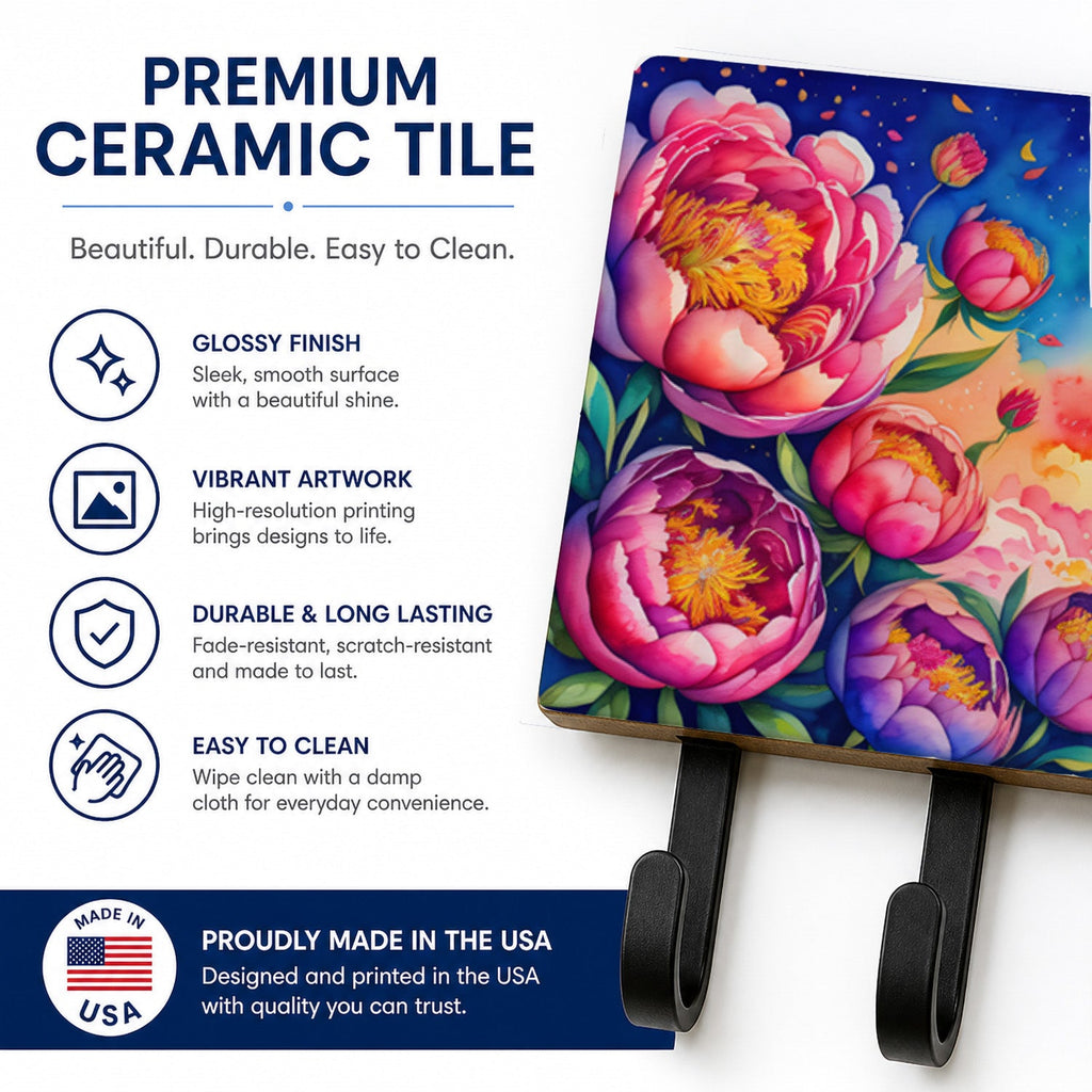 Peonies in Color Leash or Key Holder Wall Hooks, Coat Rack Wall Mount, for Hanging Keys, Towels, Aprons, Leashes