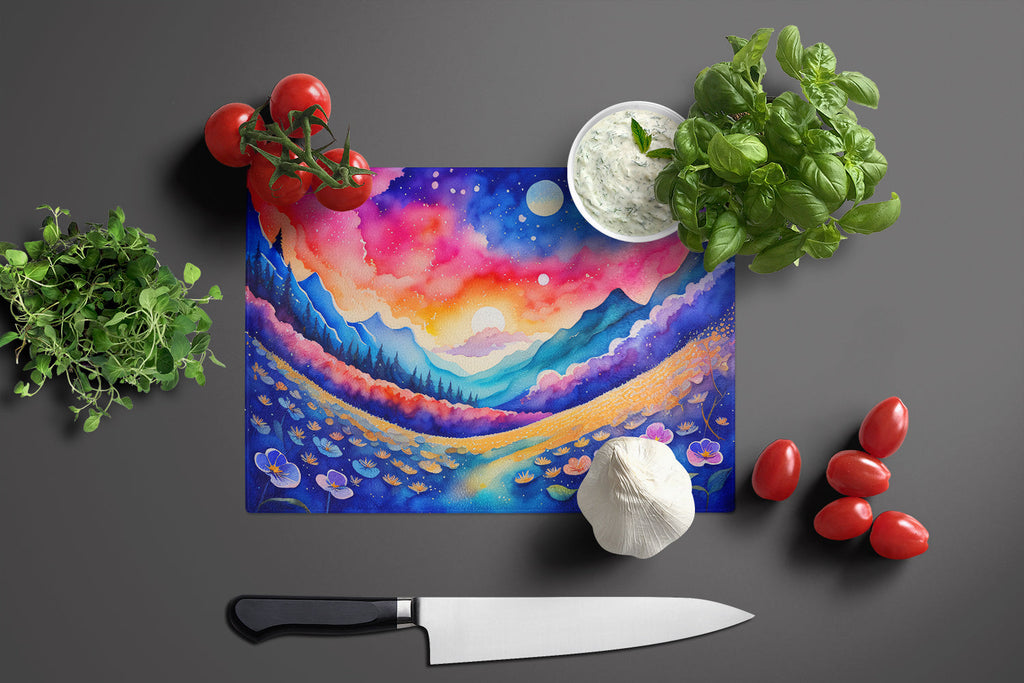 Periwinkles in Color Cutting Board Tempered Glass Kitchen Cutting Surface, Heat Resistant Chopping, Non-Slip Feet, Food Prep & Serving