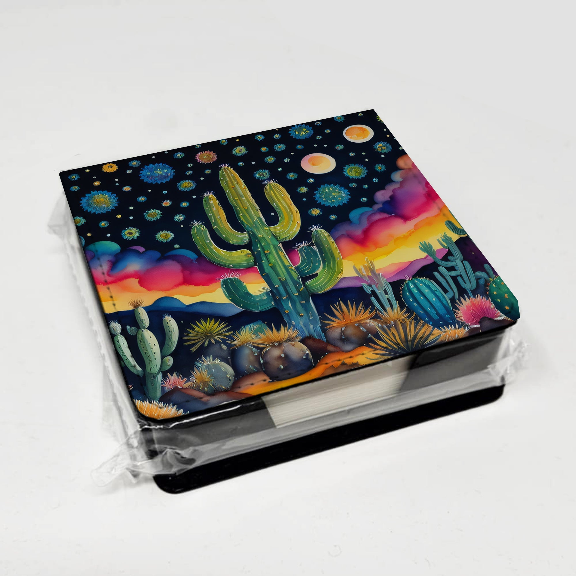 Queen of the Night Cactus in Color PU Leather Note Paper Holder with Artist-Designed Cover, Desk Accessory, Office Gift
