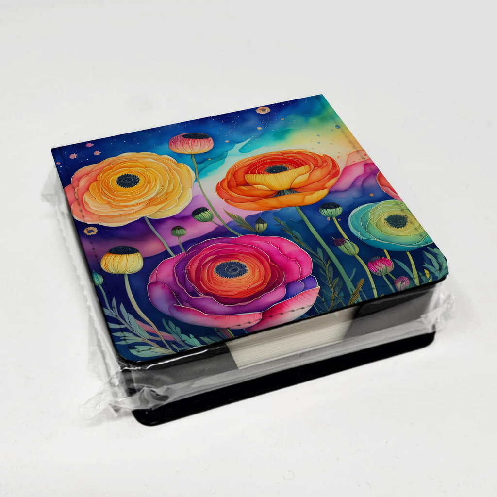 Ranunculus in Color PU Leather Note Paper Holder with Artist-Designed Cover, Desk Accessory, Office Gift