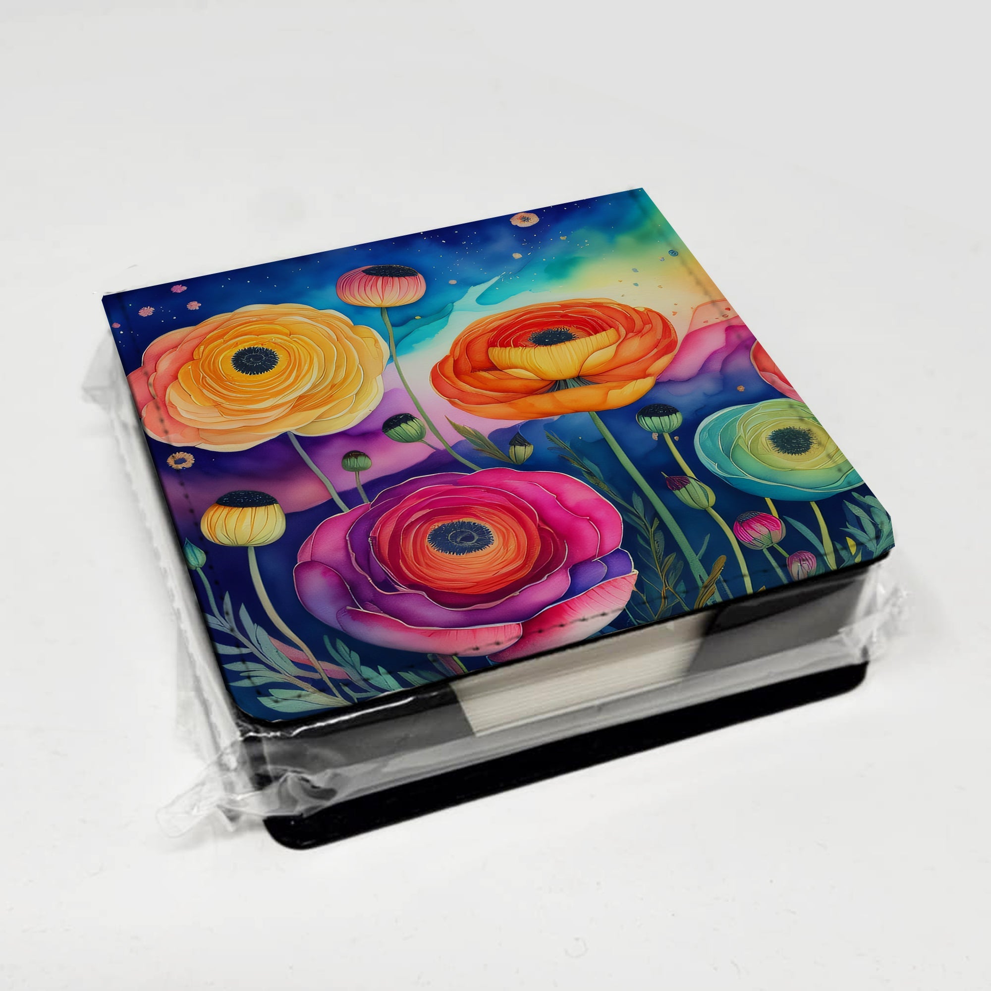 Ranunculus in Color PU Leather Note Paper Holder with Artist-Designed Cover, Desk Accessory, Office Gift