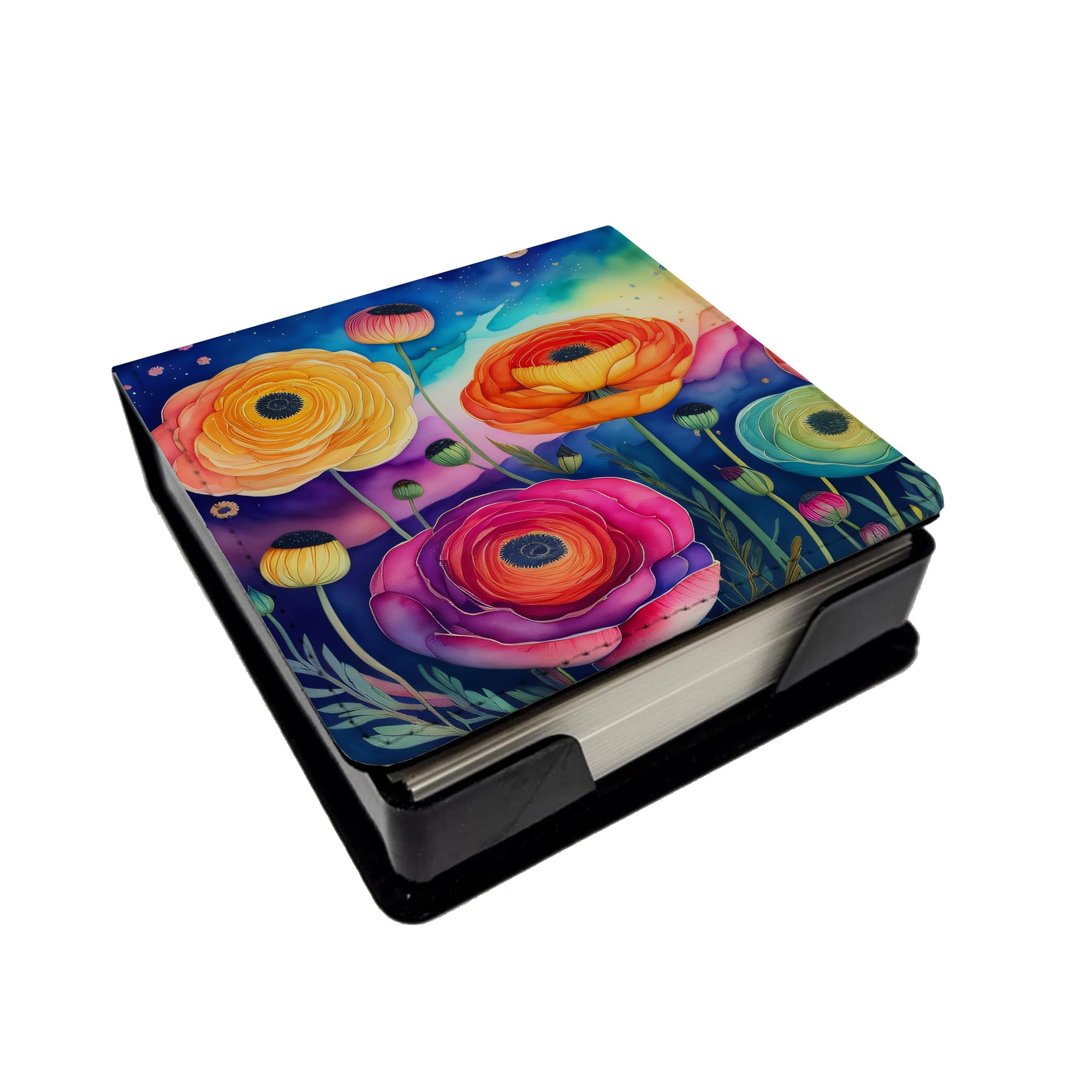 Ranunculus in Color PU Leather Note Paper Holder with Artist-Designed Cover, Desk Accessory, Office Gift