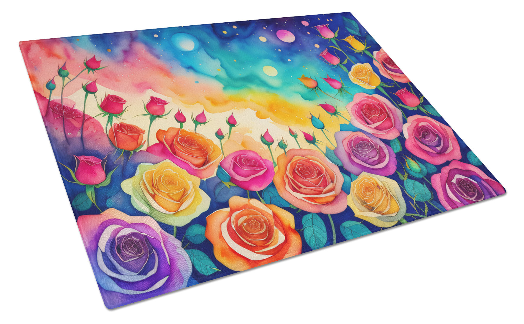 Roses in Color Cutting Board Tempered Glass Kitchen Cutting Surface, Heat Resistant Chopping, Non-Slip Feet, Food Prep & Serving